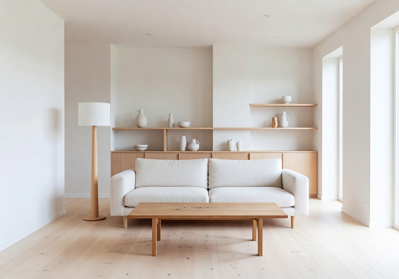 Scandinavian living room with light wood, soft textiles, and minimalist decor