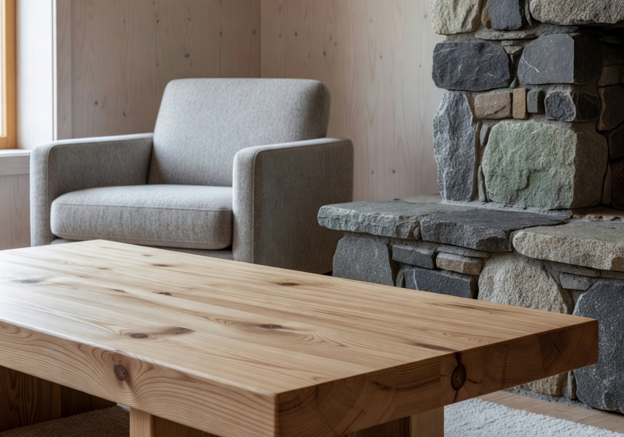 Detail of natural wood and stone textures in a Nordic home interior