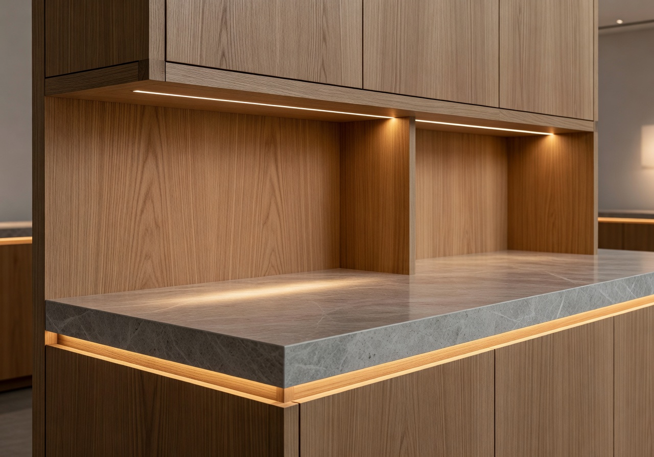 Detail of oak cabinetry and stone countertop with integrated lighting