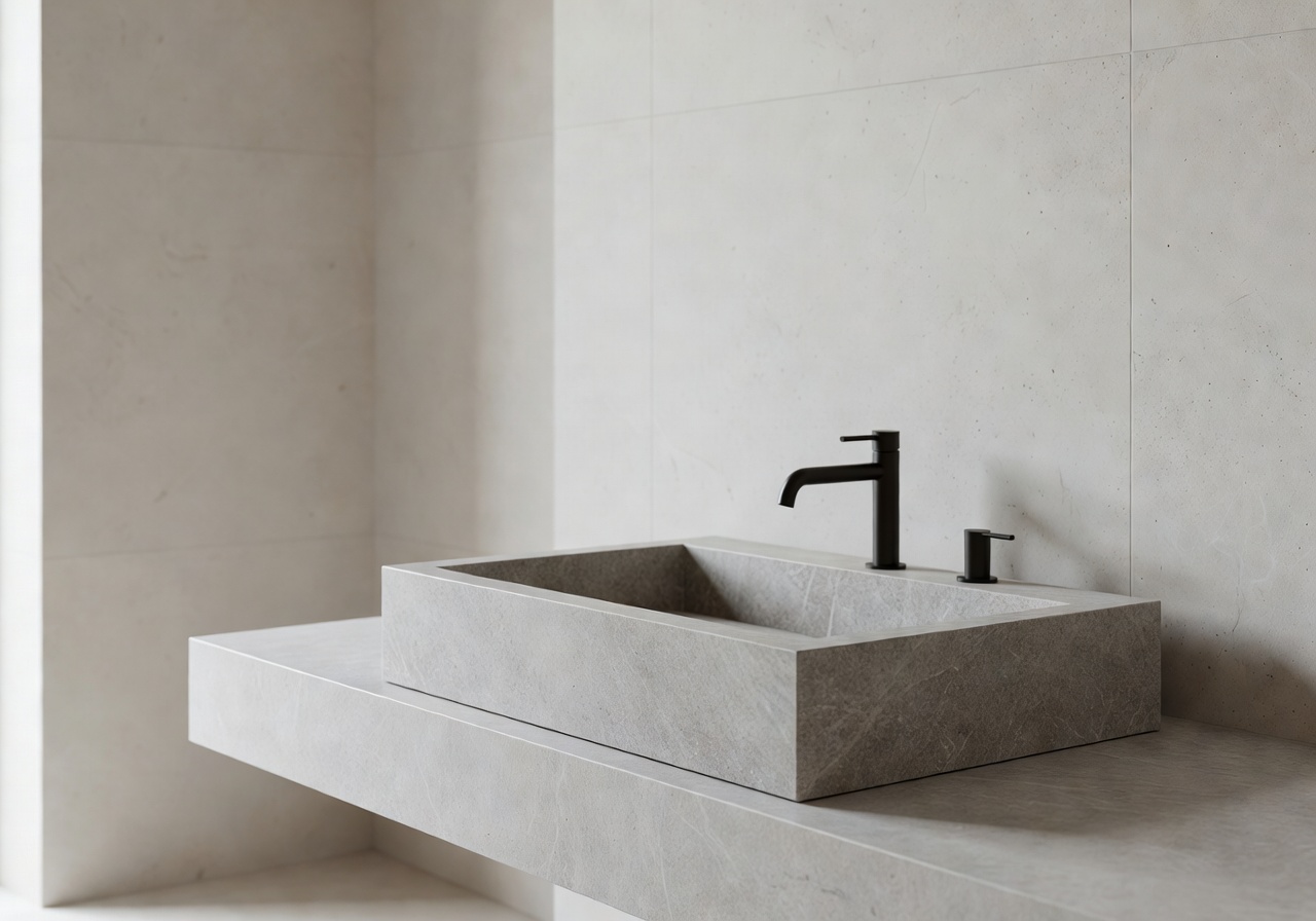 Minimal bathroom with stone sink and matte fixtures
