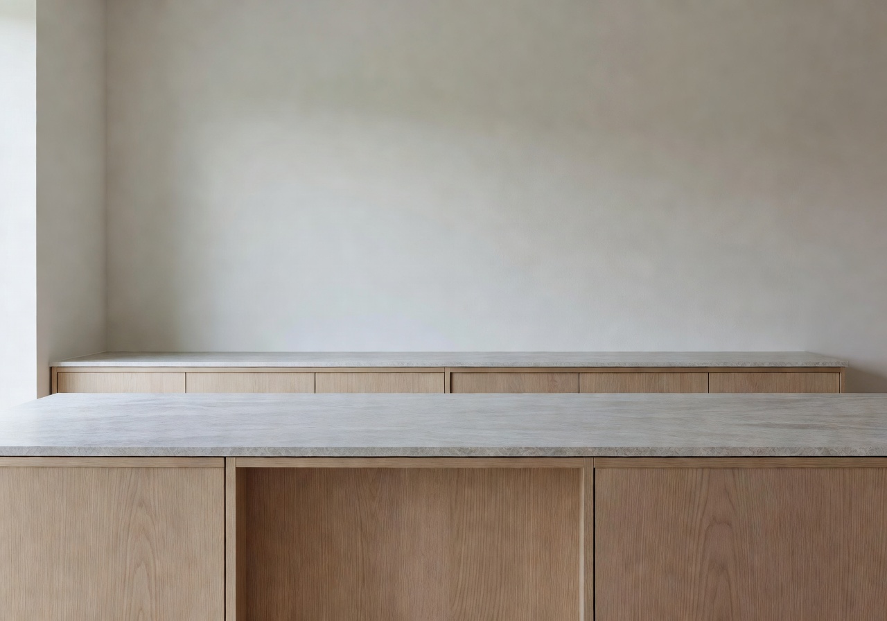 Minimal Nordic kitchen with oak cabinets and stone countertop