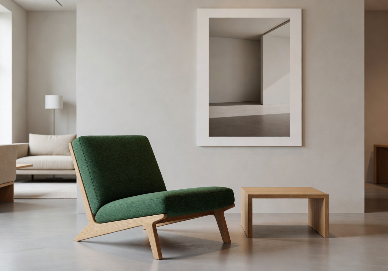 Minimal seating area with modern green accent chair