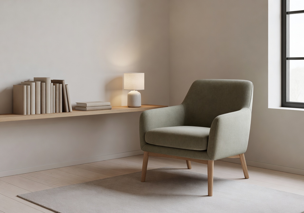 Modern green accent chair in a Nordic reading corner