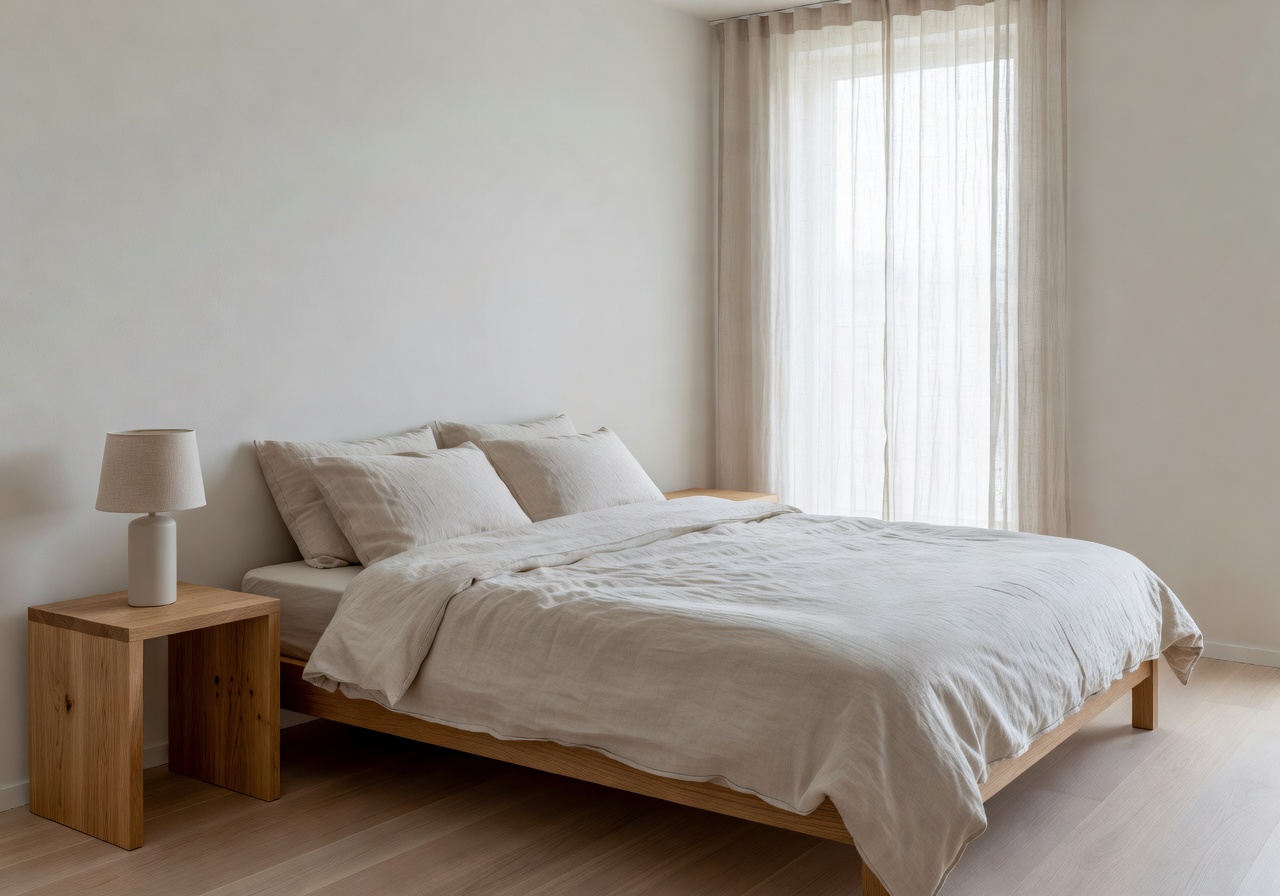 Nordic bedroom with linen bedding and oak side tables