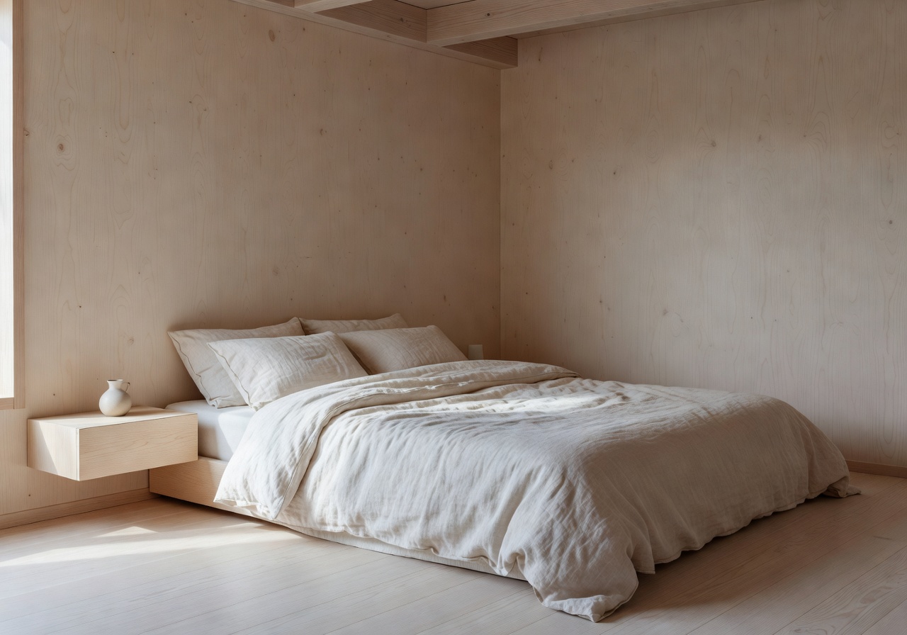 Nordic bedroom with linen bedding, soft light and wood accents