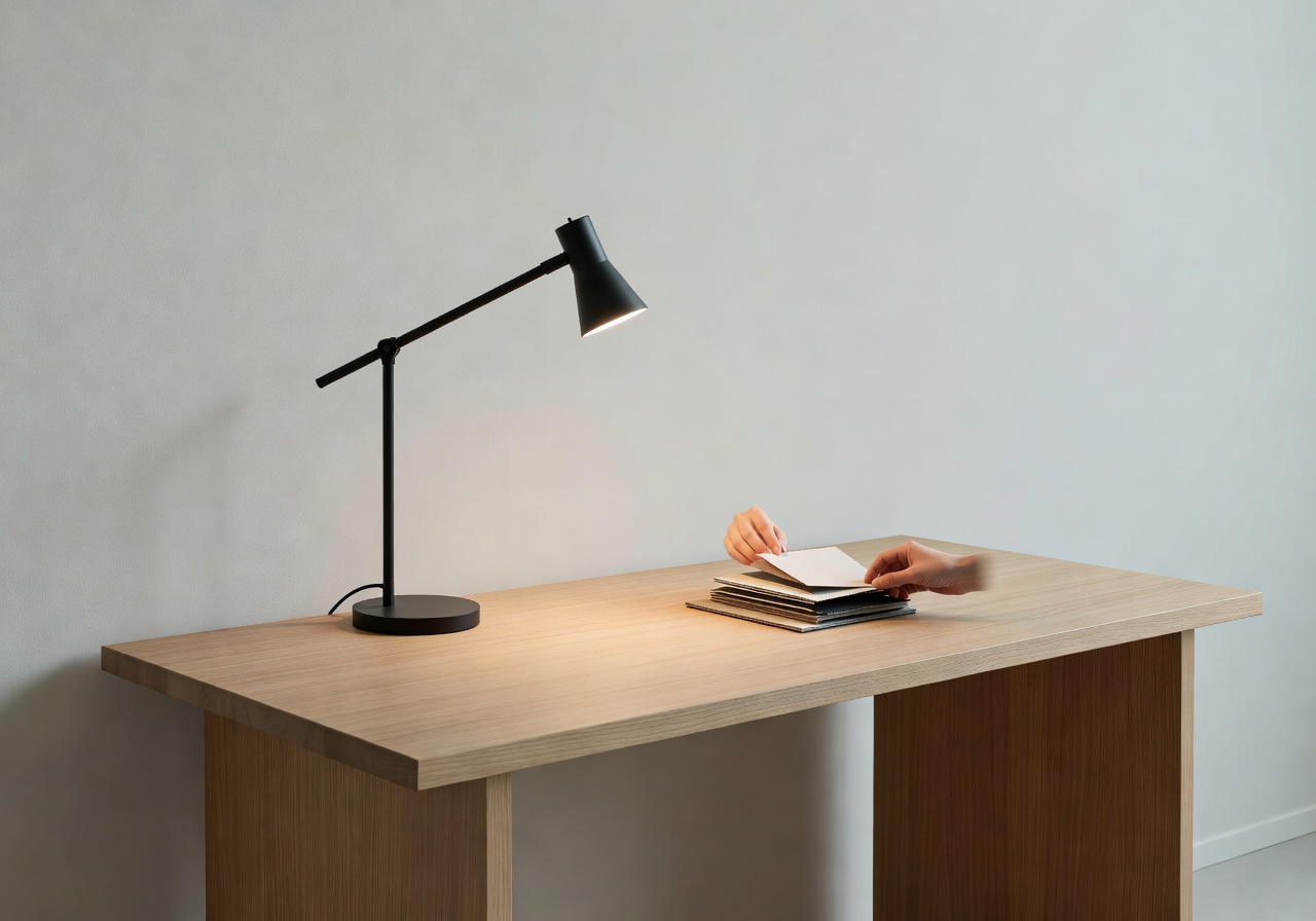 Nordic workspace with oak desk and minimal lighting