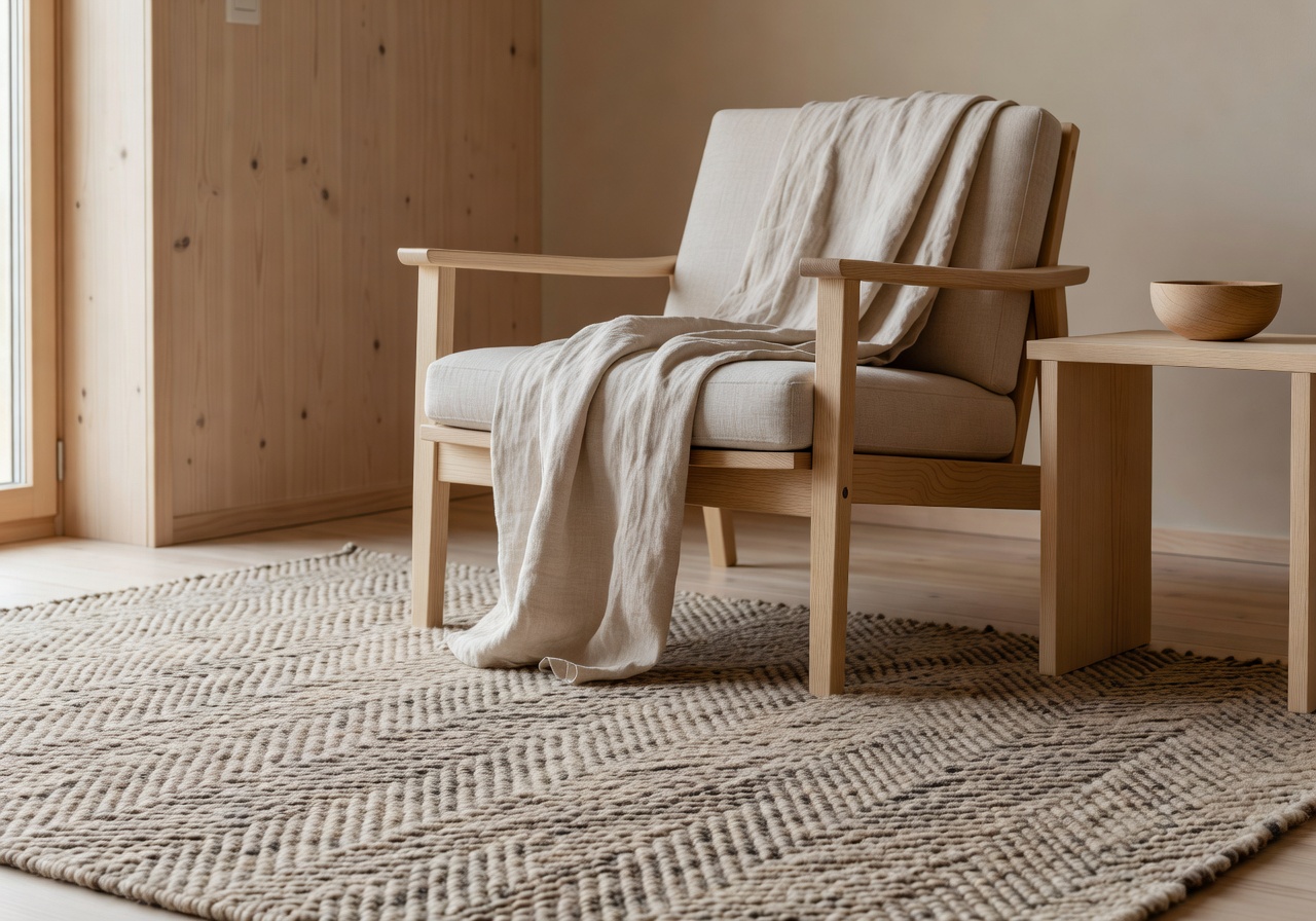 Warm Nordic textures: wool rug, linen, and wood accents